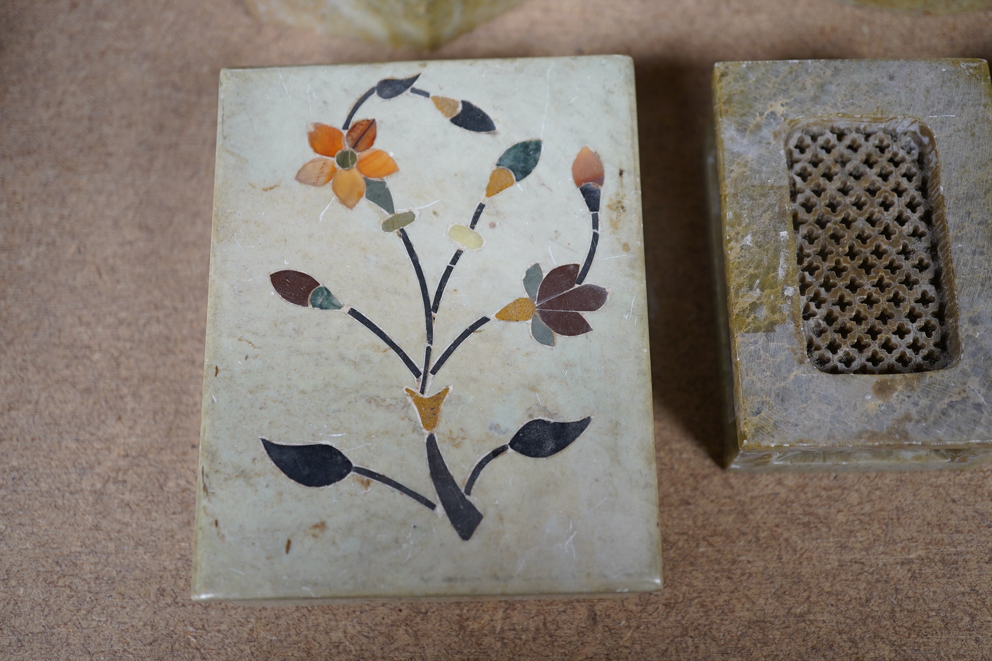 A group of assorted Indian soap stone pietra dura floral inlaid boxes, largest 10.5cm wide. Condition - good